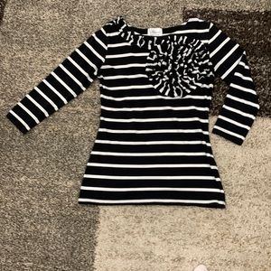 Shanna’s Threads brand. Black/white striped top w/ruffle detail.